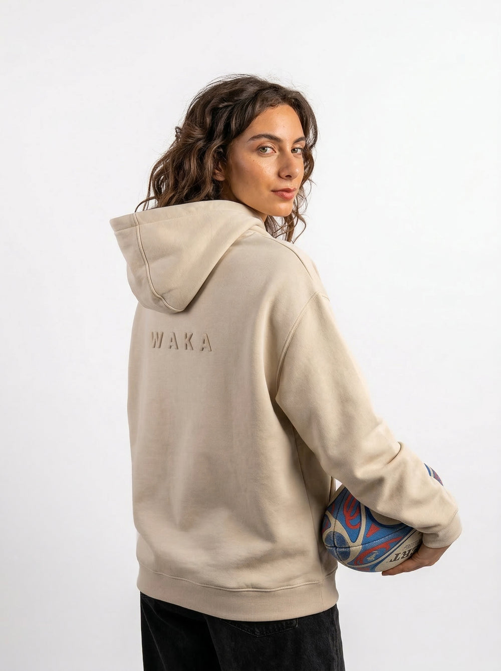 POLERON HOODIE OVERSIZE MUJER KAHA LARGO BEIGE WAKA